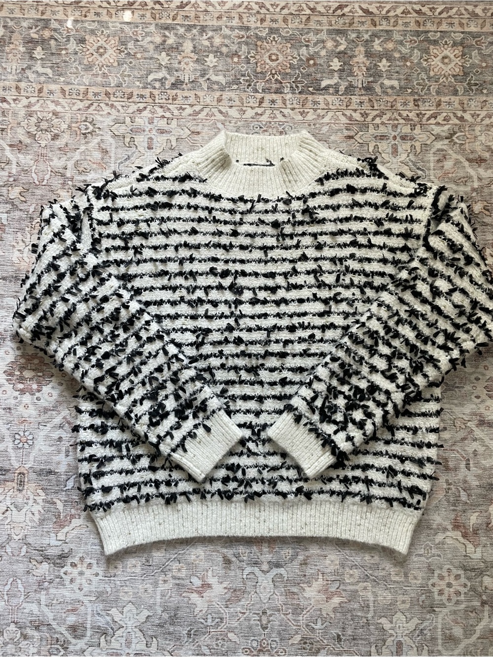 Ann Taylor Cream/White/Black/Gold Crewneck Sweater with Black Stripes